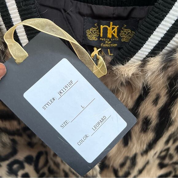 NEW Size Large Metric Units Leopard Print Real Rabbit Fur Bomber Track Jacket - Picture 5 of 8